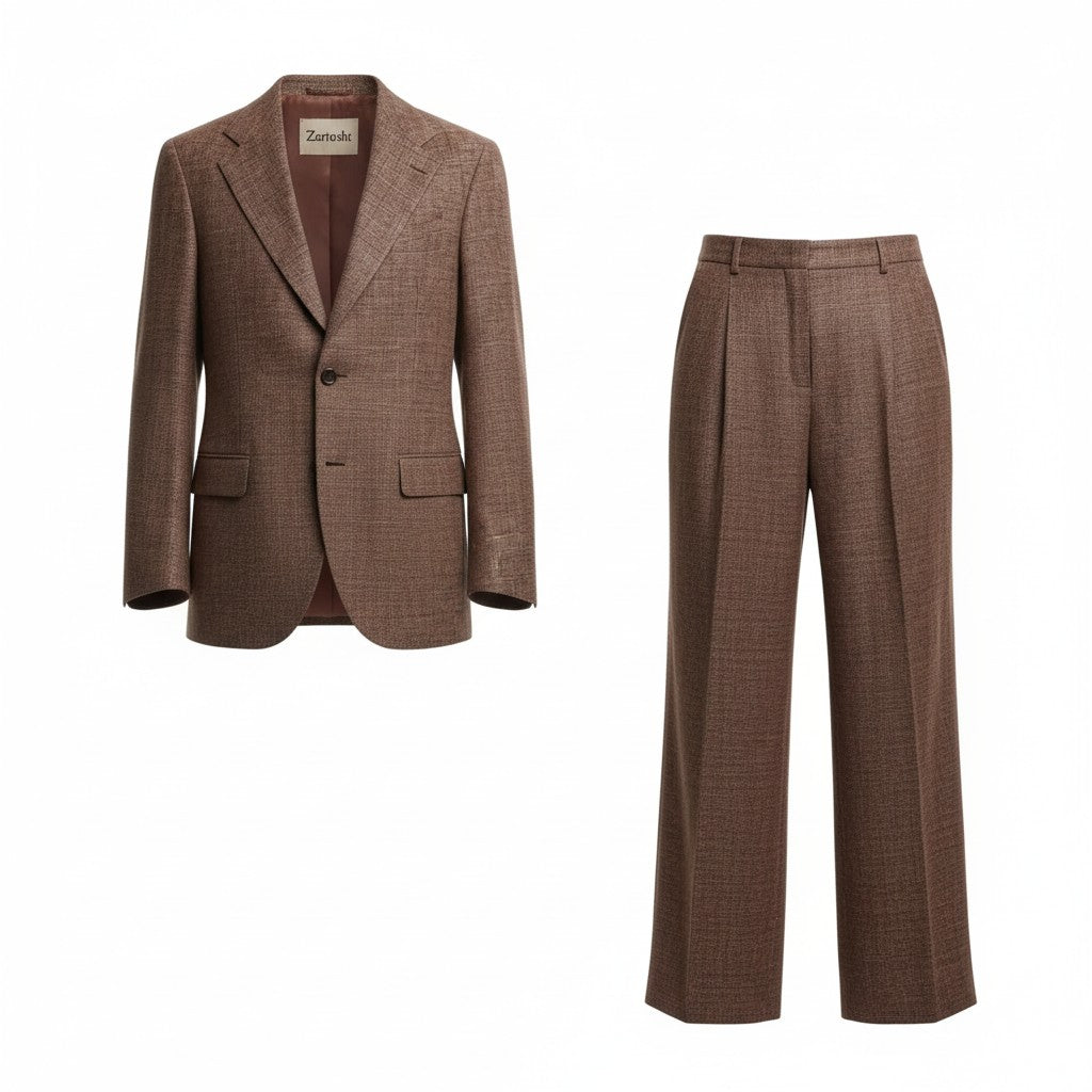 Brown suit jacket and pants on a white background