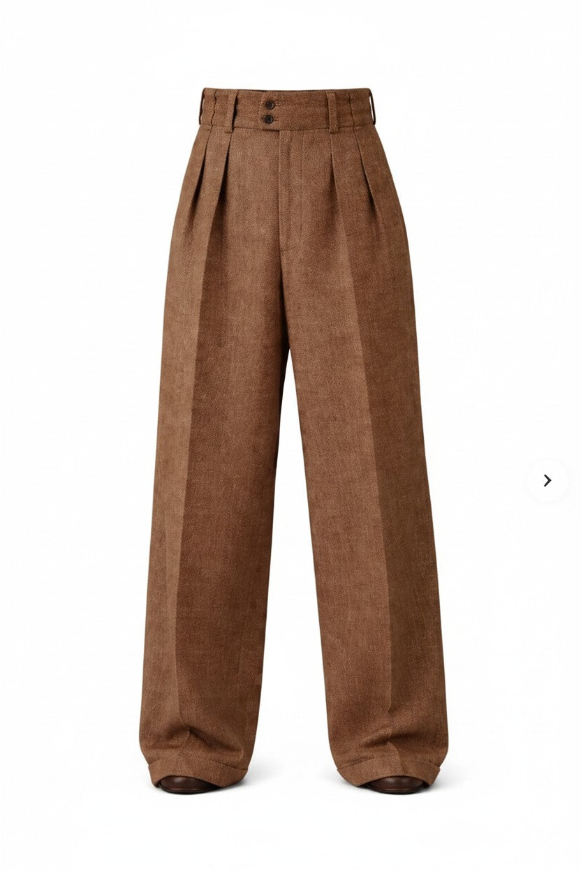Brown pleated pants on a white background