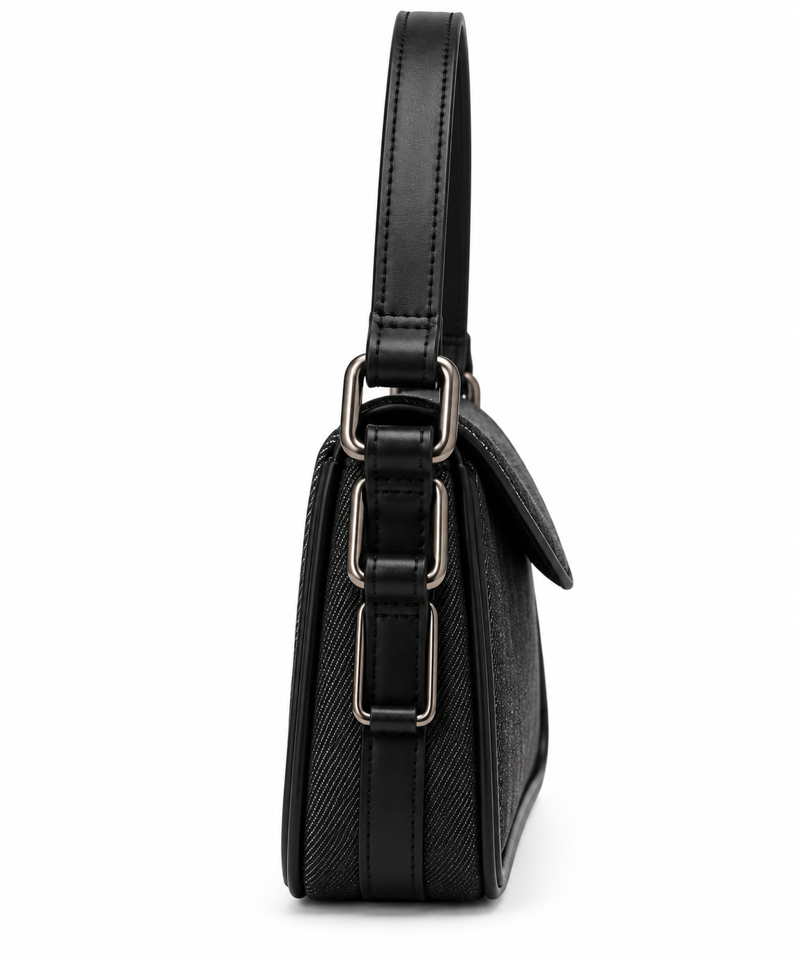 A black leather shoulder bag with a textured woven side panel and polished silver-tone metal hardware, shown from a side profile view against a white background.