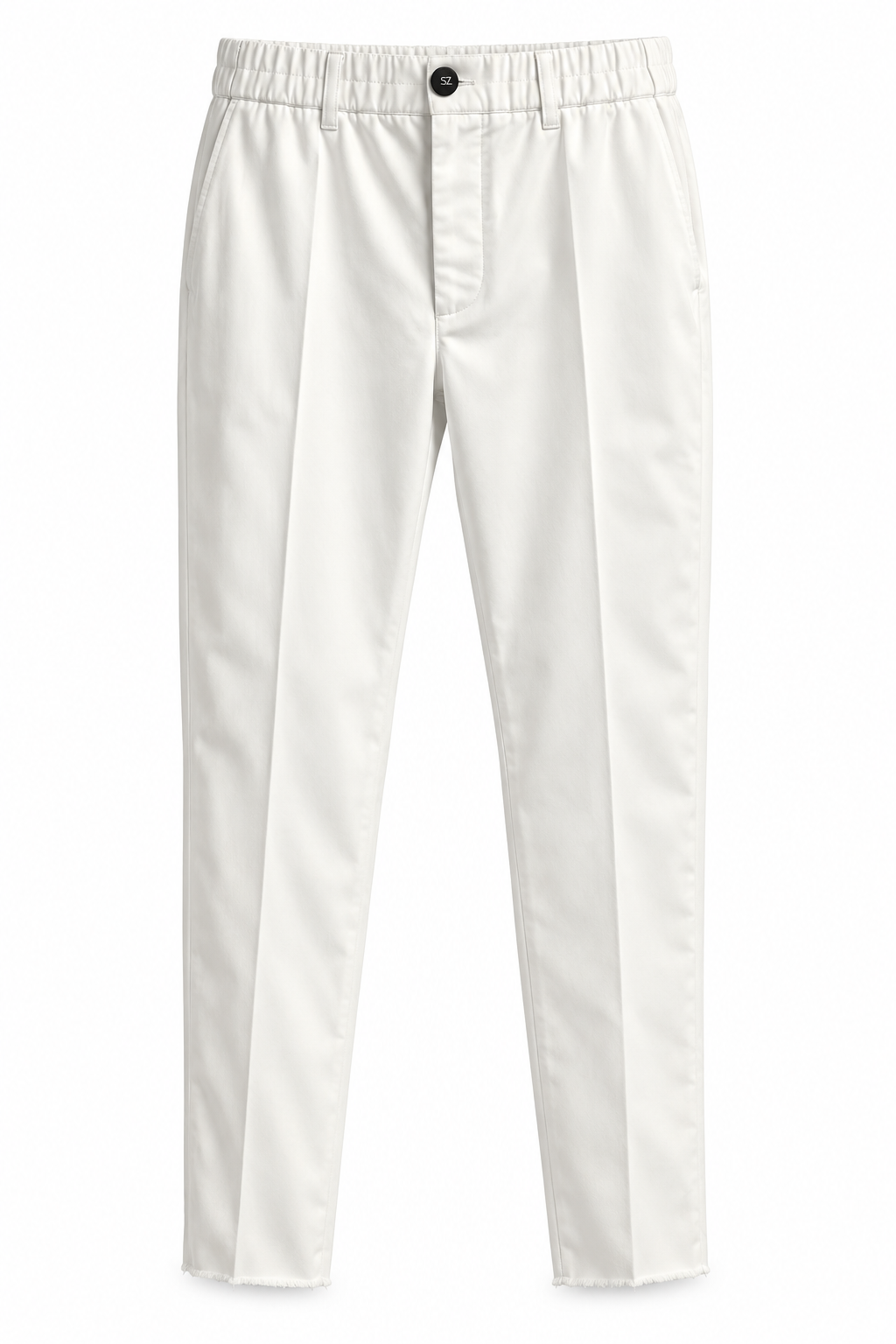 White slim-fit trousers with an elastic waistband and a single button closure, shown against a plain white background.