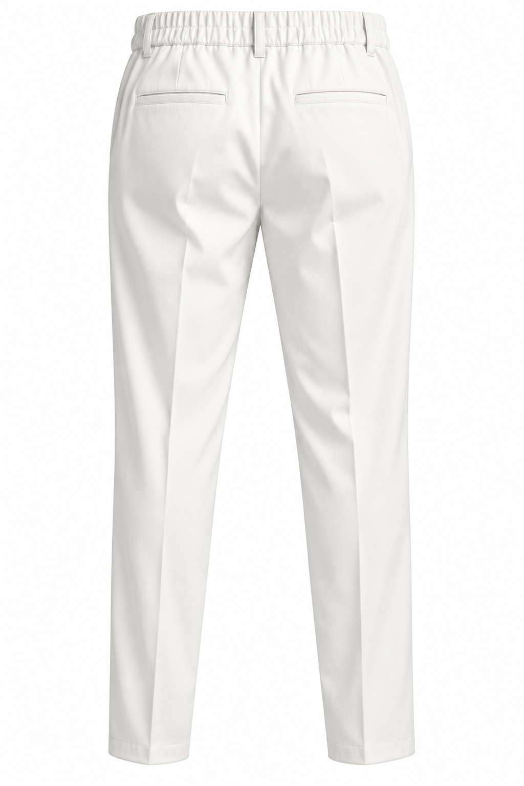 White trousers shown from the back, featuring an elastic waistband, two rear welt pockets, and a clean tapered leg silhouette.