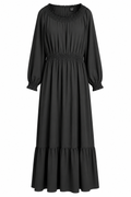 A black long-sleeve maxi dress with a smocked bodice, elastic waist, and tiered hem, shown against a plain white background.