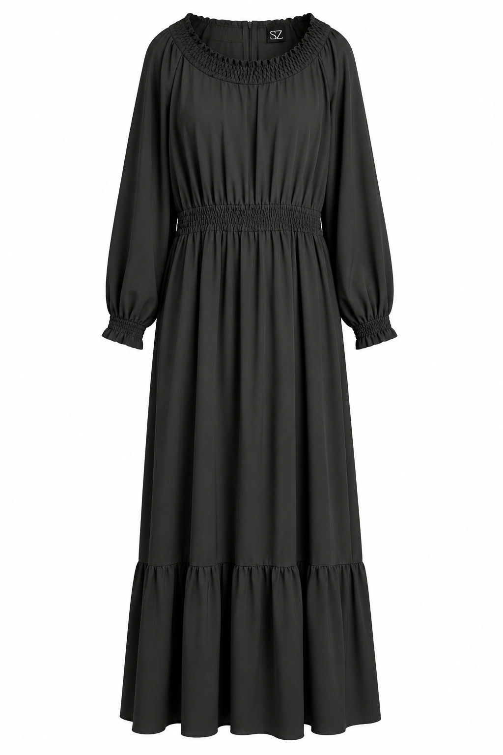 A black long-sleeve maxi dress with a smocked bodice, elastic waist, and tiered hem, shown against a plain white background.