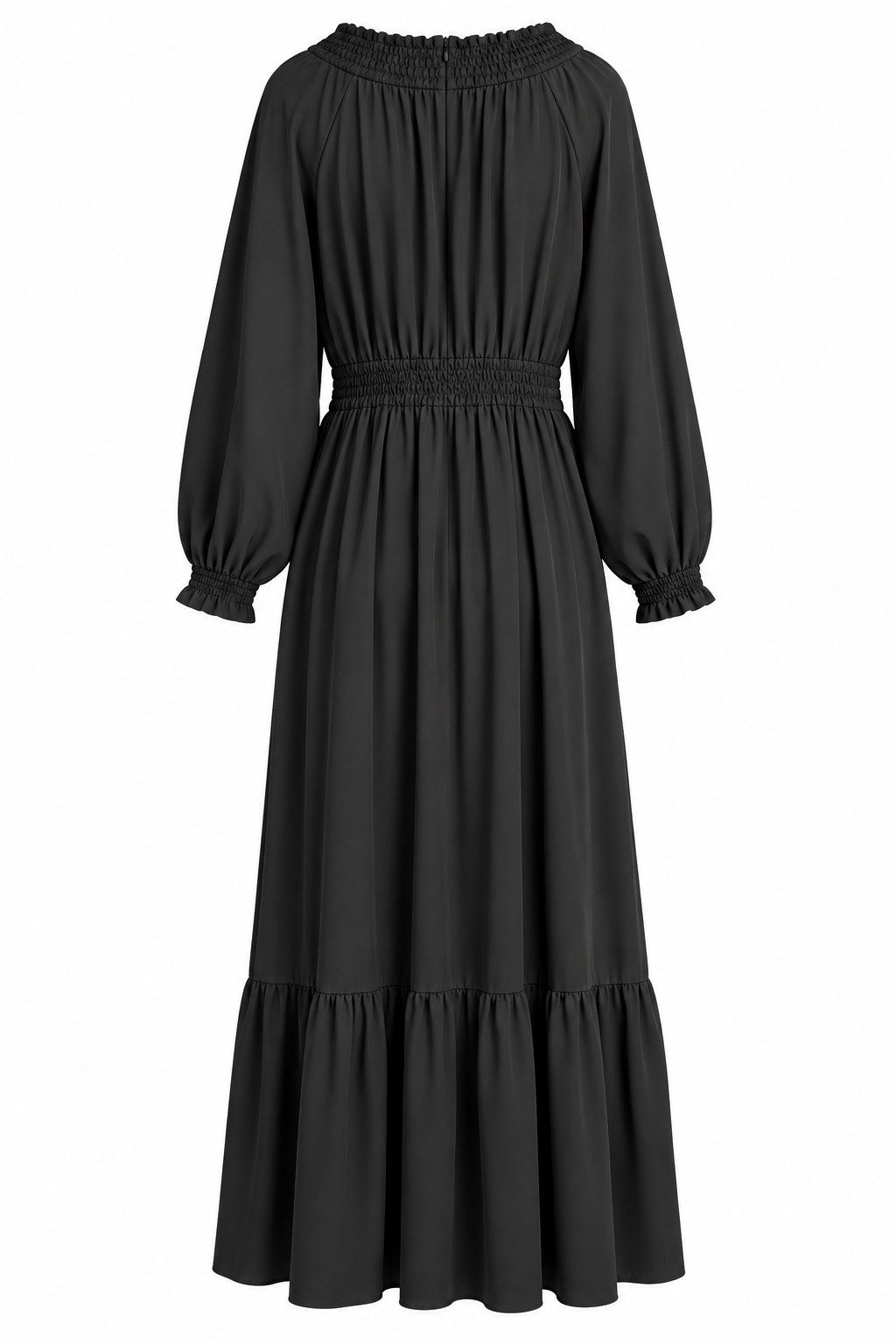 A black long-sleeve midi dress with a smocked bodice, gathered waist, and tiered skirt, shown against a plain white background.