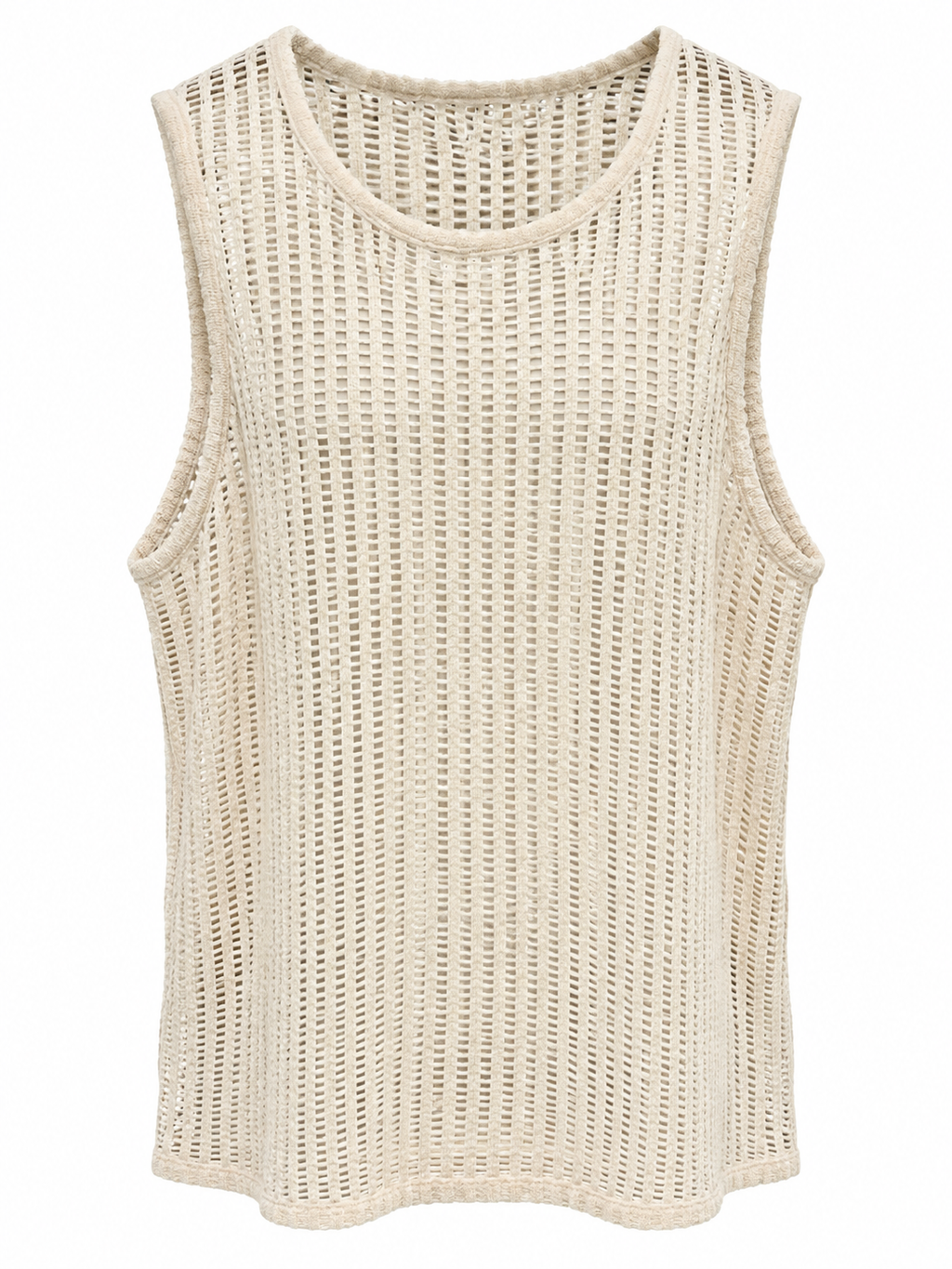 A sleeveless knit tank top in a light cream or off-white color, featuring a textured open-knit pattern and a crew neckline, shown against a plain white background.