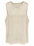 A sleeveless knit tank top in a light cream or off-white color, featuring a textured open-knit pattern and a crew neckline, shown against a plain white background.