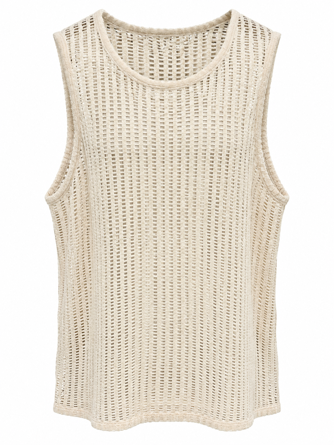A sleeveless knit tank top in a light cream or off-white color, featuring a textured open-knit pattern and a crew neckline, shown against a plain white background.