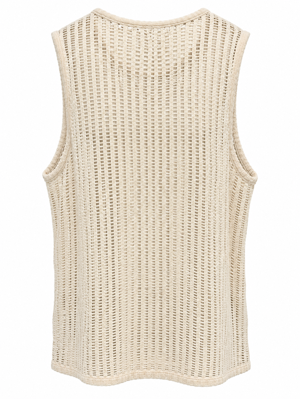 A sleeveless, open-knit cropped vest in a light cream or beige color, shown from the back against a plain white background.