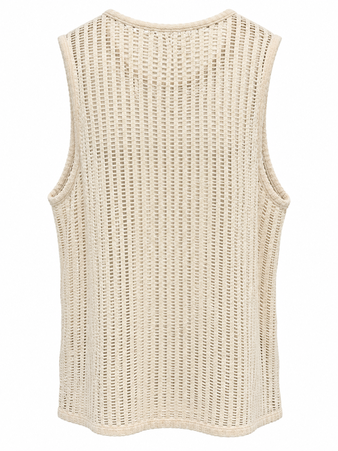 A sleeveless, open-knit cropped vest in a light cream or beige color, shown from the back against a plain white background.