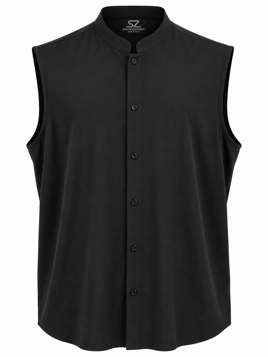 A sleeveless black mandarin collar vest with a button-down front, displayed on a clean white background.