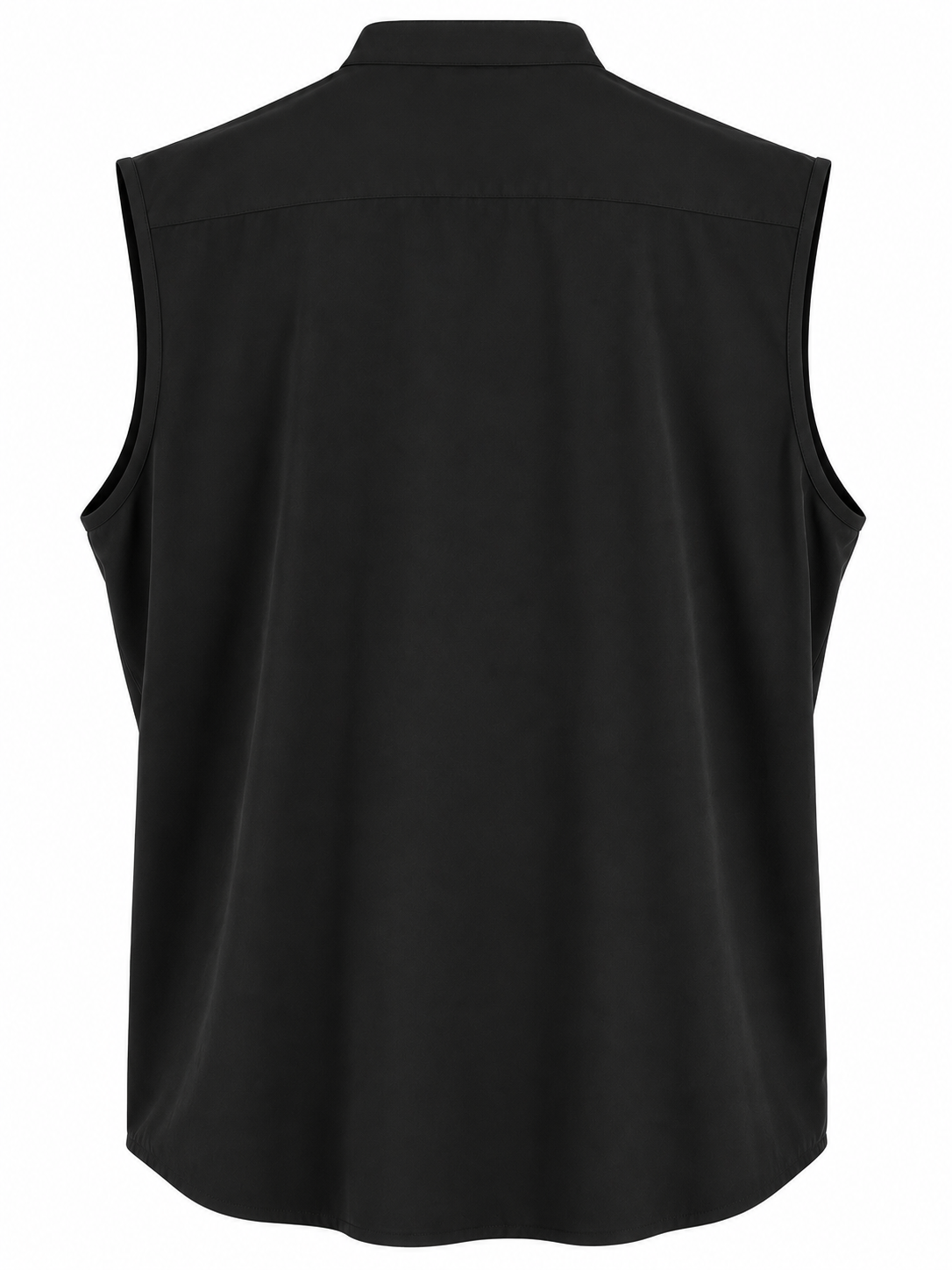 A black sleeveless button-down shirt shown from the back, featuring a collar and a relaxed, straight silhouette, set against a plain white background.