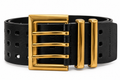 A black leather belt with a large, polished gold-tone buckle and matching gold-tone keeper loops, shown on a clean white background. The brand name 'SHAHIN ZARTOHT' is debossed on the side of the belt strap.